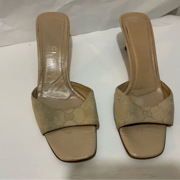 GUCCI Mules Sandals Heel GG Canvas Beige neutrals low heels size 8 B - Picture 2 of 14